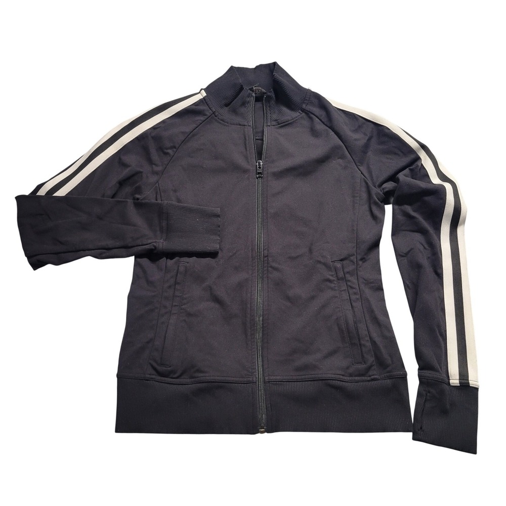 Athleta Womens Black Track Jacket Full Zip Stripe Sleeve Thumbholes Small
